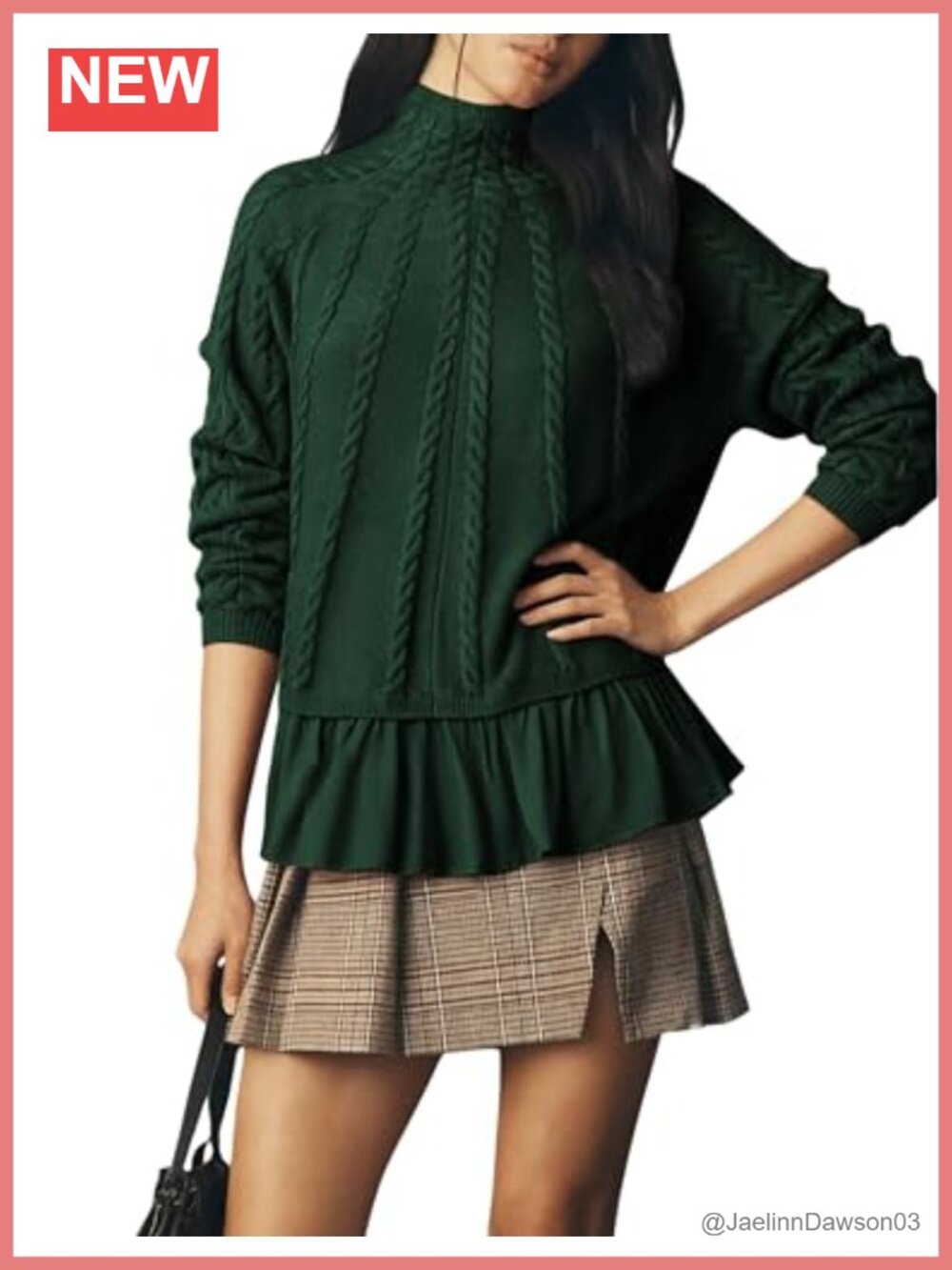 Oversized Turtleneck Cable Knit Ruffle Hem Pullover Sweater